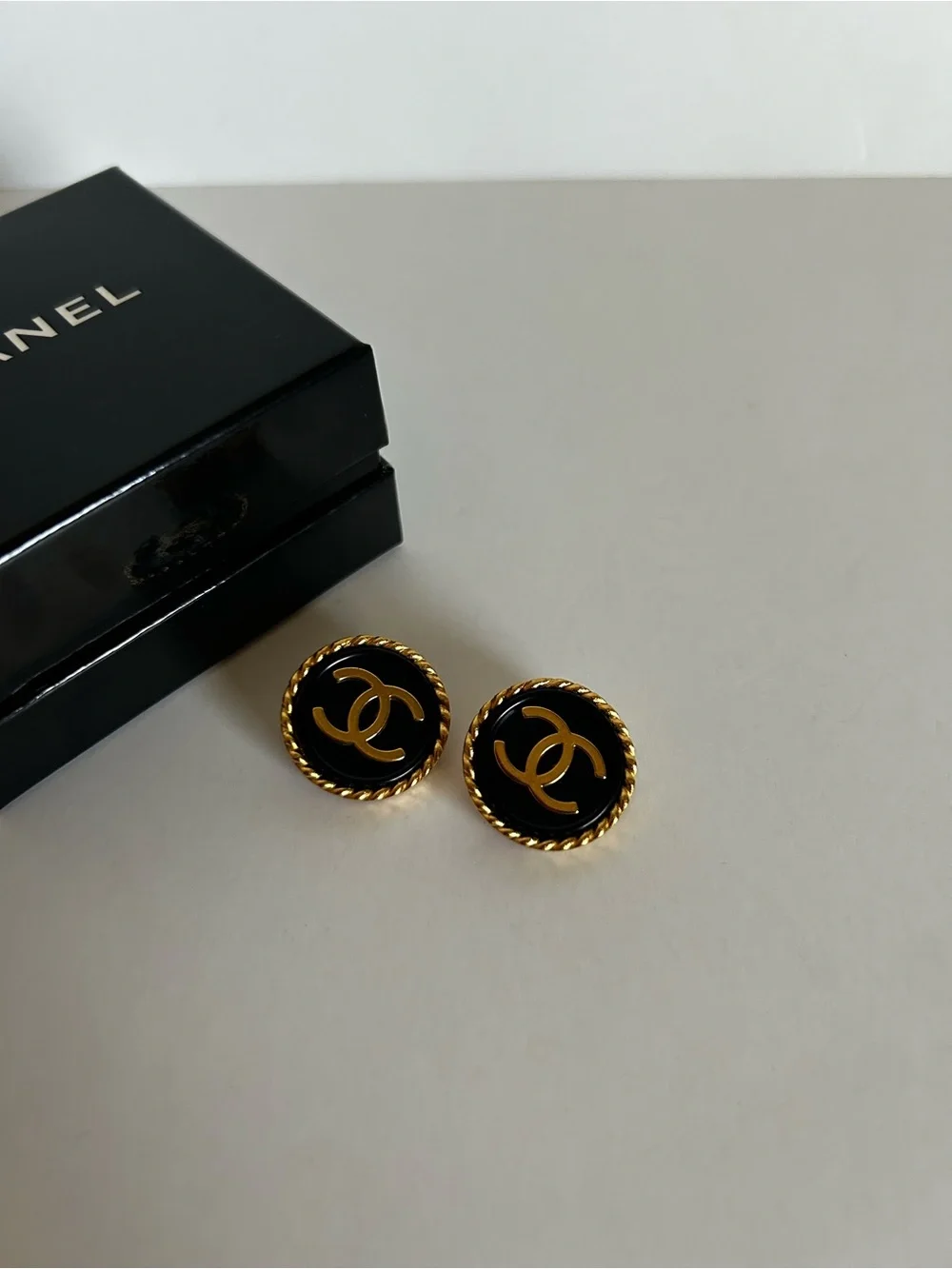 CHANEL Gold and Black CC Button Earrings